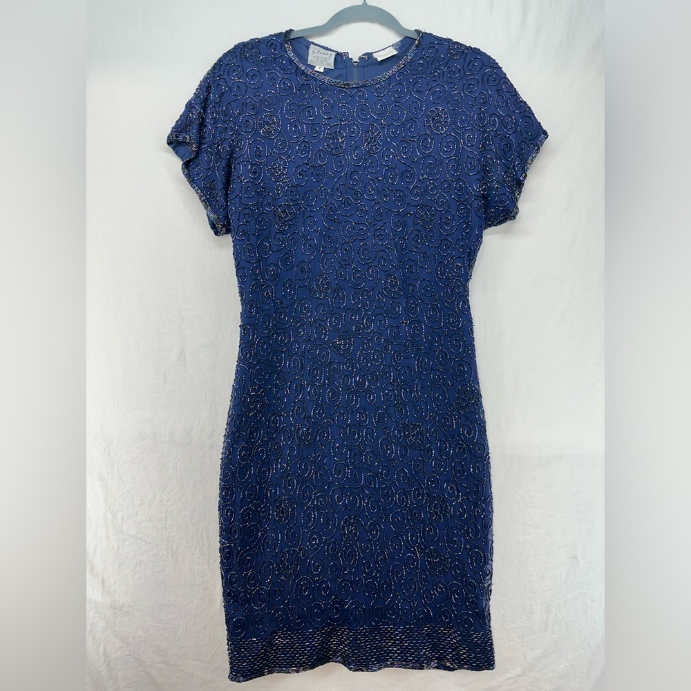 Vintage Stenay Beaded Navy Blue 100% Silk Beaded Cocktail Sheath Dress Size 8